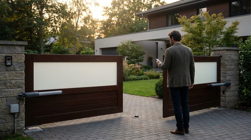 Un homme ouvre un portail automatisé moderne en bois et verre à l'aide de son smartphone. Maison contemporaine en arrière-plan.